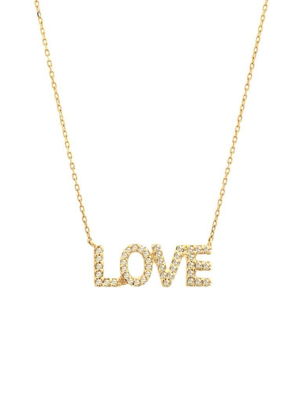 14K Real Yellow Gold Love Single Micro Pave Diamond Necklace 16+2″